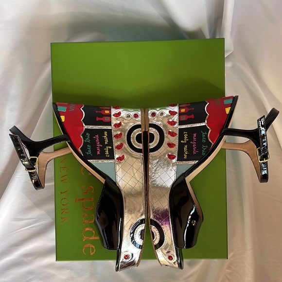 Kate Spade Black Patent Leather Dora Wedges Taco Truck Viva El Taco Size 10 - Picture 12 of 17